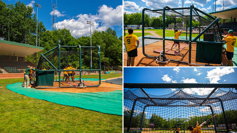 A collage of BP Turtle Pro batting practice turtles installed at college baseball and softball programs.